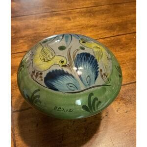 Tonala Mushroom Hand Painted Yellow Birds Mexico Ceramic